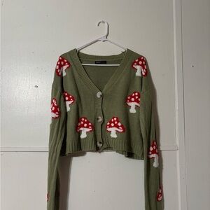 SHEIN Green Cardigan with Red Mushroom Design